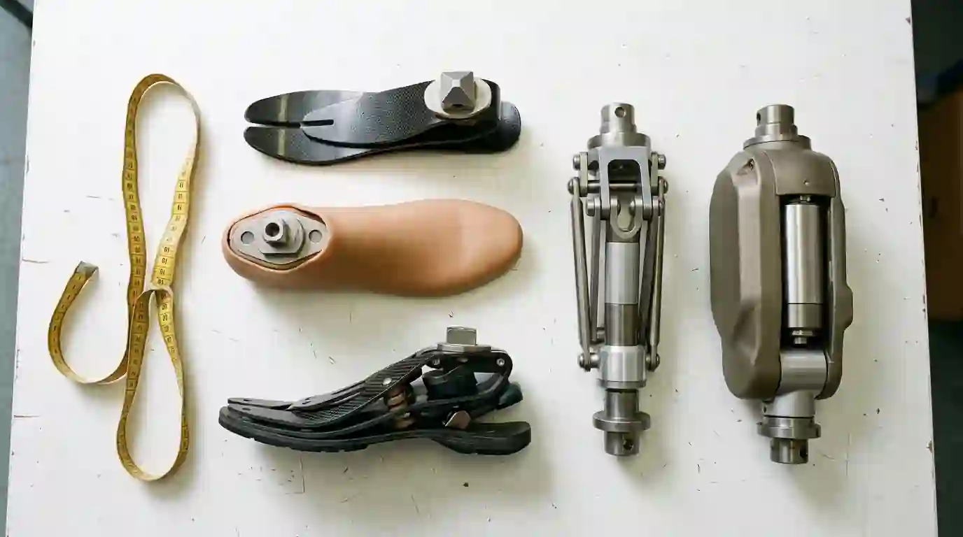 Prosthetic feet and knee joints laid out on a table