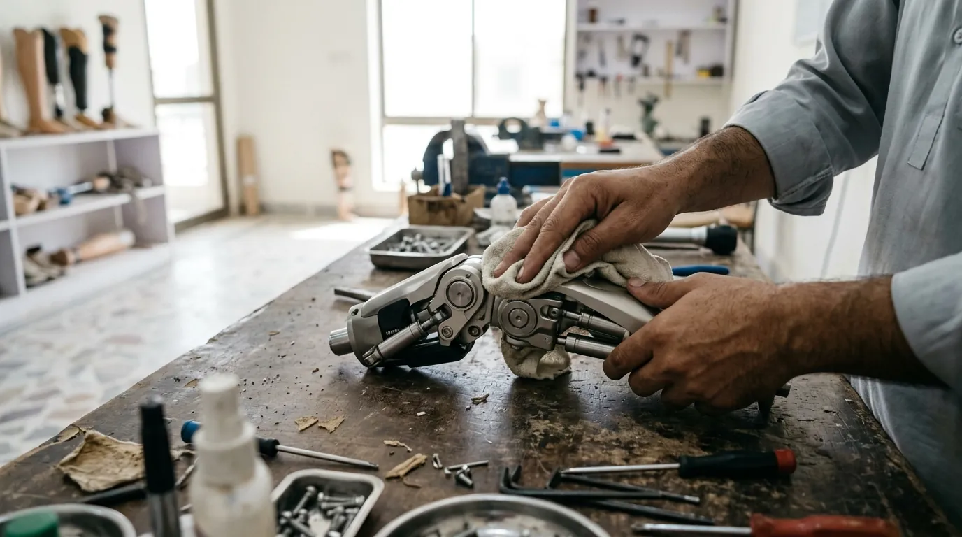 Cleaning a hydraulic knee on a workbench