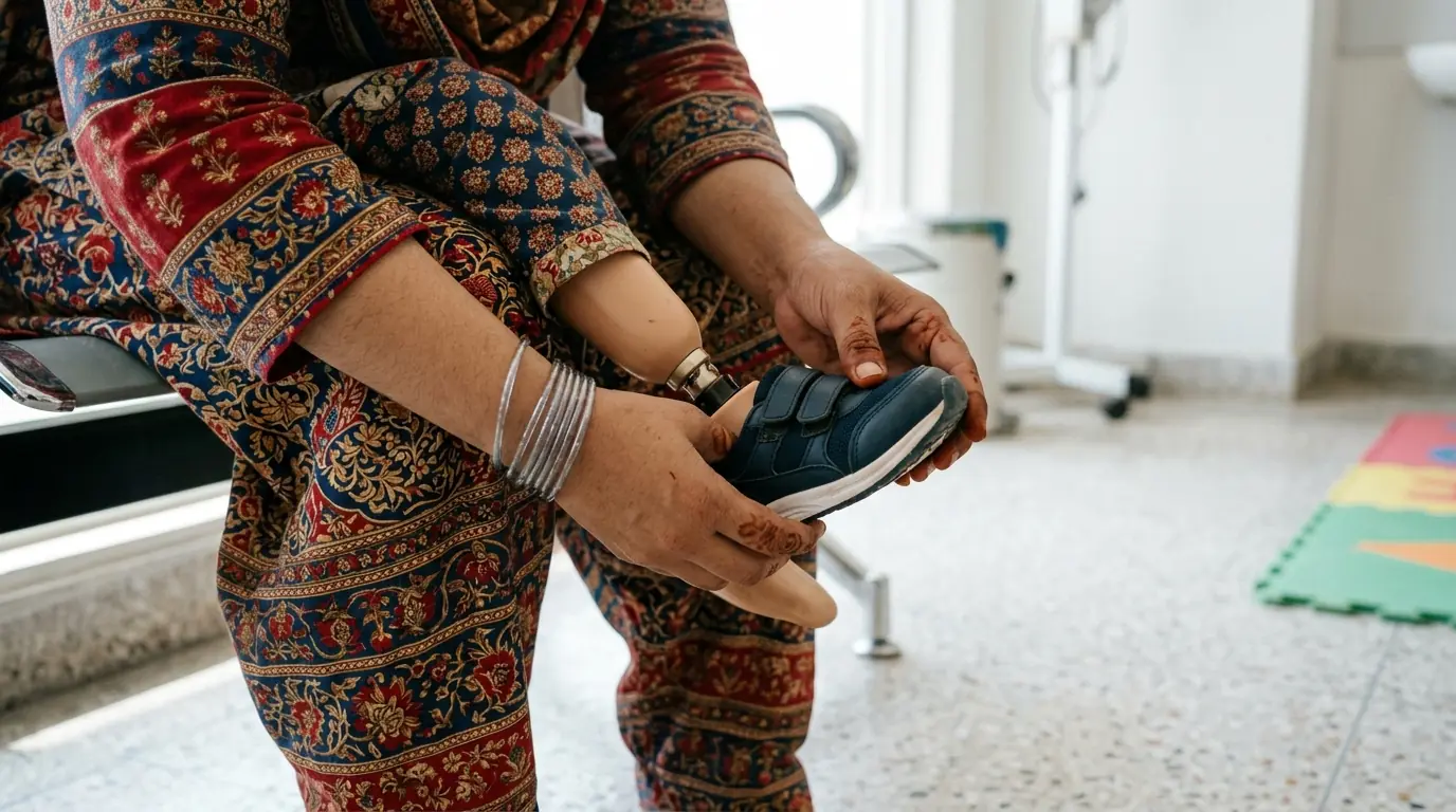 A mother's hands helping put a shoe on a child's prosthetic foot