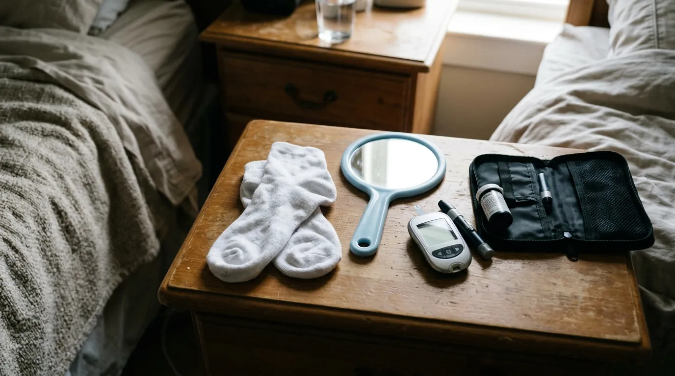 A glucometer, mirror and socks ready for a foot check