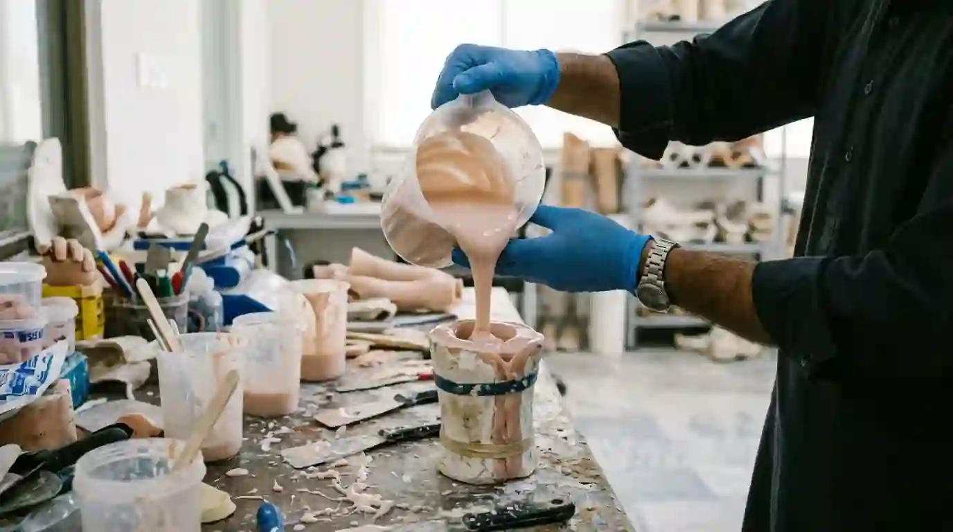 Pouring silicone into a hand mould