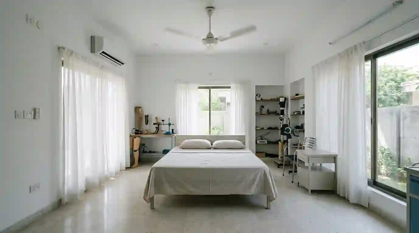 A cool shaded bedroom with a ceiling fan