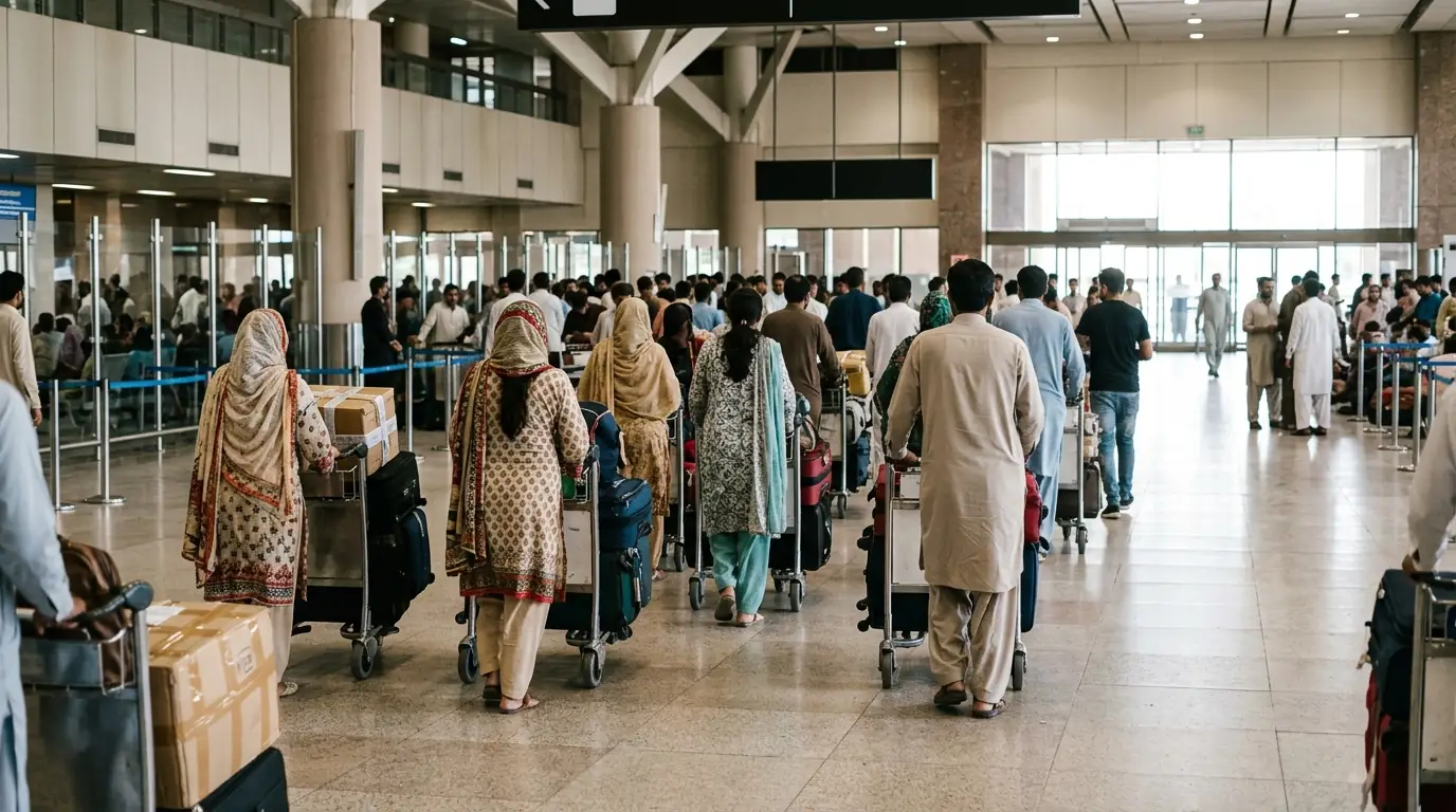 Travellers arriving at Karachi airport, seen from behind