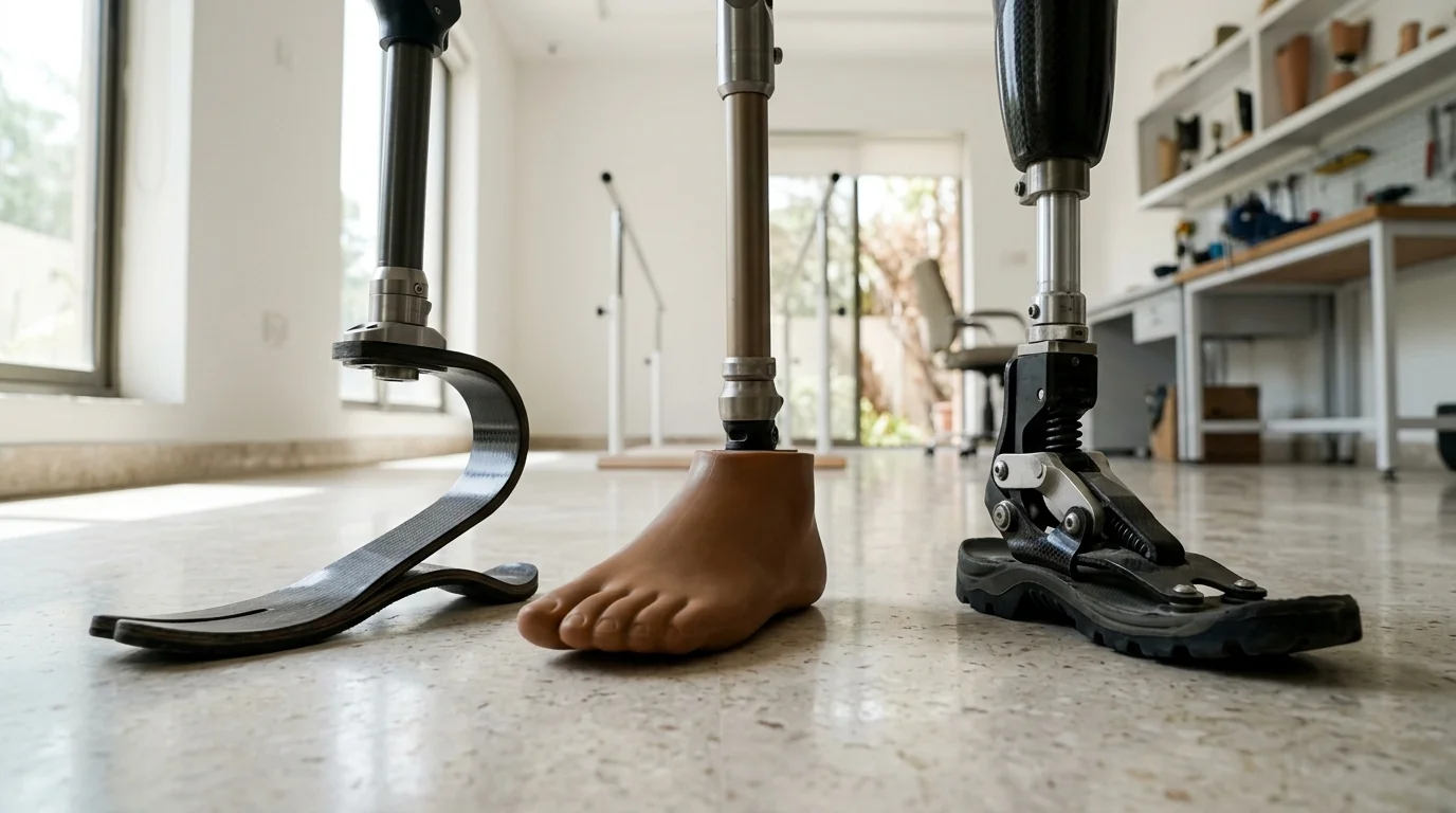 Three different prosthetic feet side by side