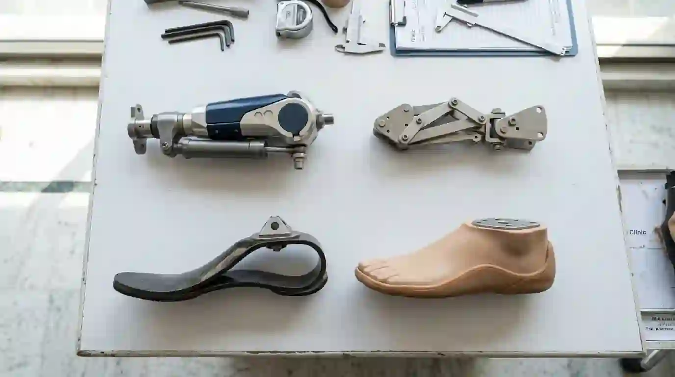 Expensive and simple prosthetic parts laid side by side
