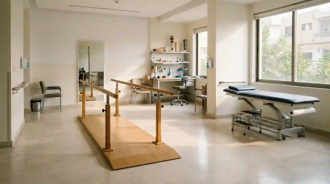 A fitting room with parallel bars and a mirror