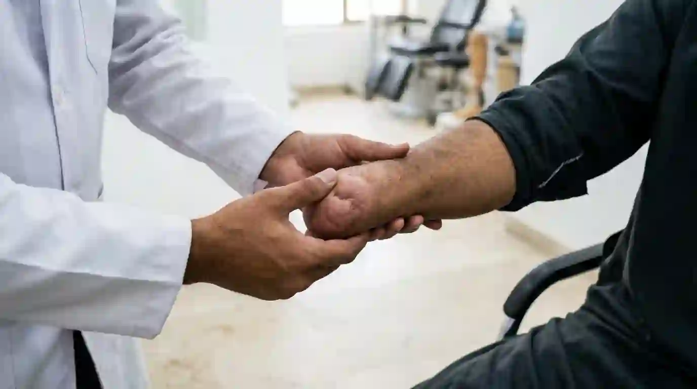 A doctor checking a healed wrist stump