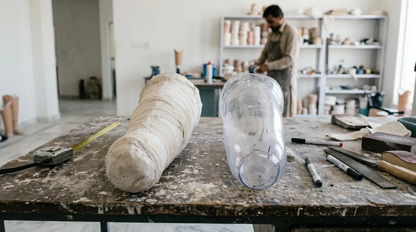 A plaster cast and a clear test socket on a workbench