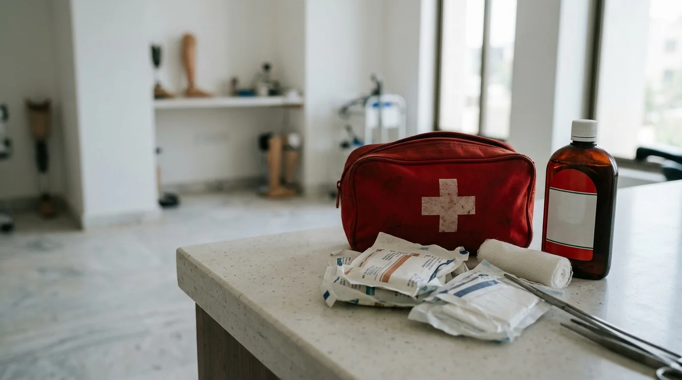 Dressings and antiseptic on a clinic counter