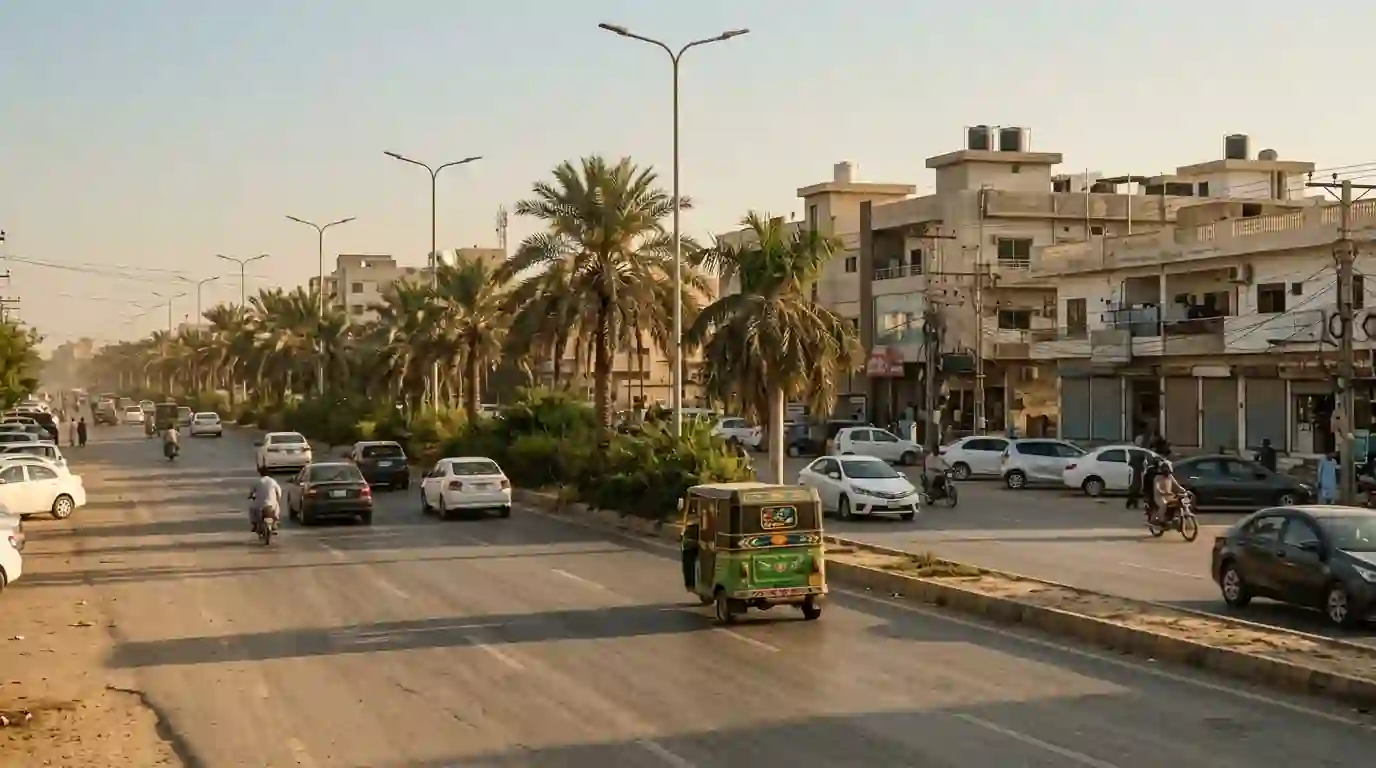 A road in DHA Karachi with a rickshaw and cars