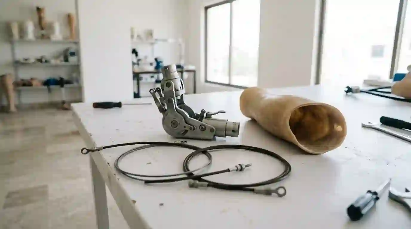 A body-powered elbow joint with a forearm shell