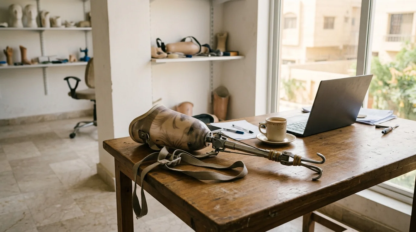 A body-powered arm resting on a desk beside a laptop