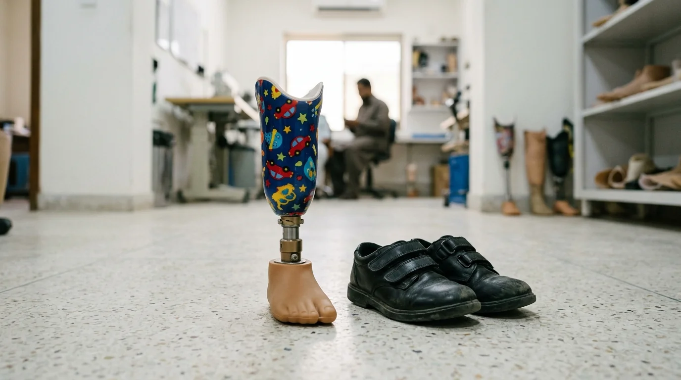A child sized leg beside school shoes