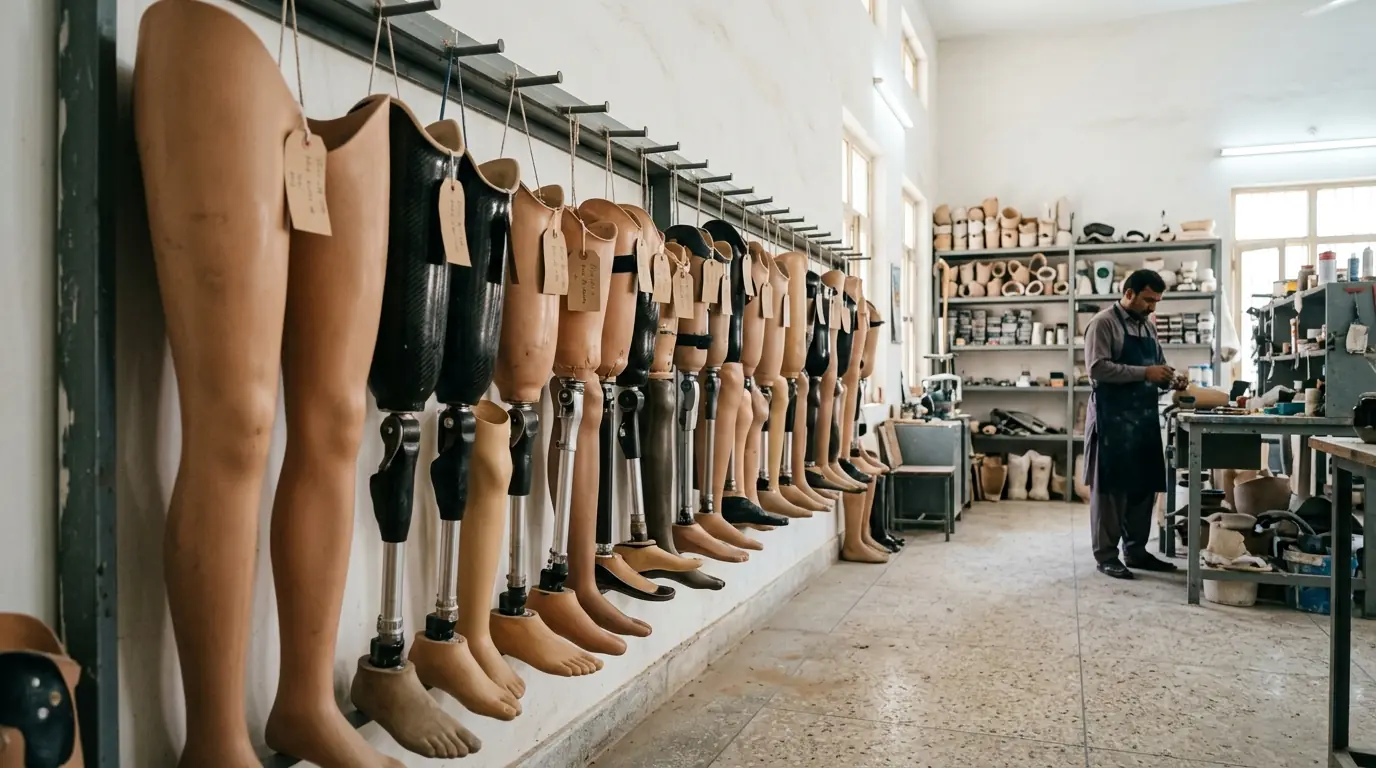 Finished artificial legs on a workshop rack