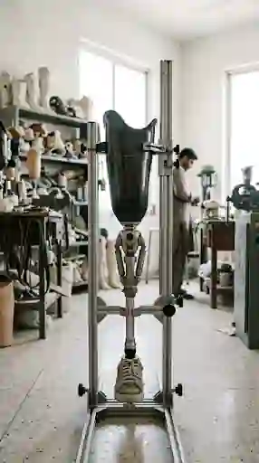An above knee prosthesis with a hydraulic knee on an alignment stand
