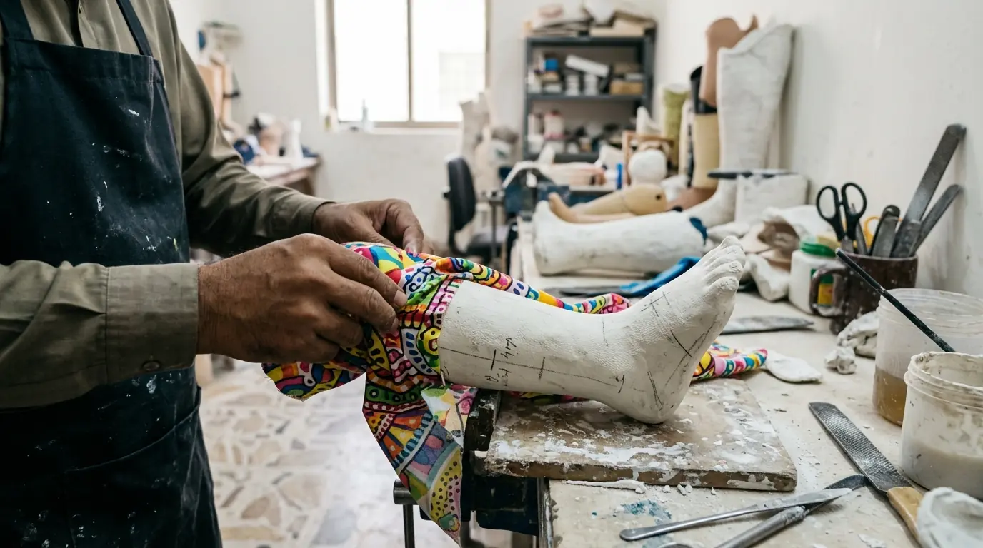 Patterned fabric laid over a small leg cast