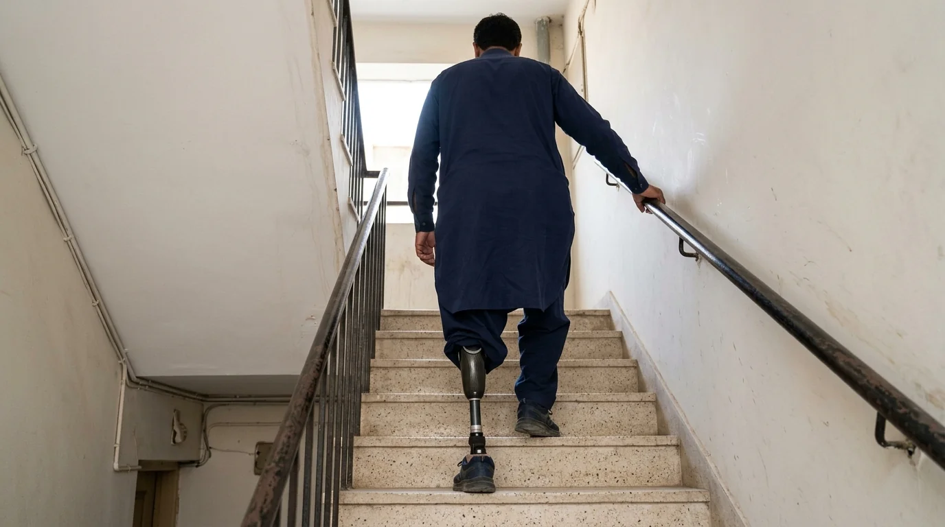 A man climbing apartment stairs on a below knee leg