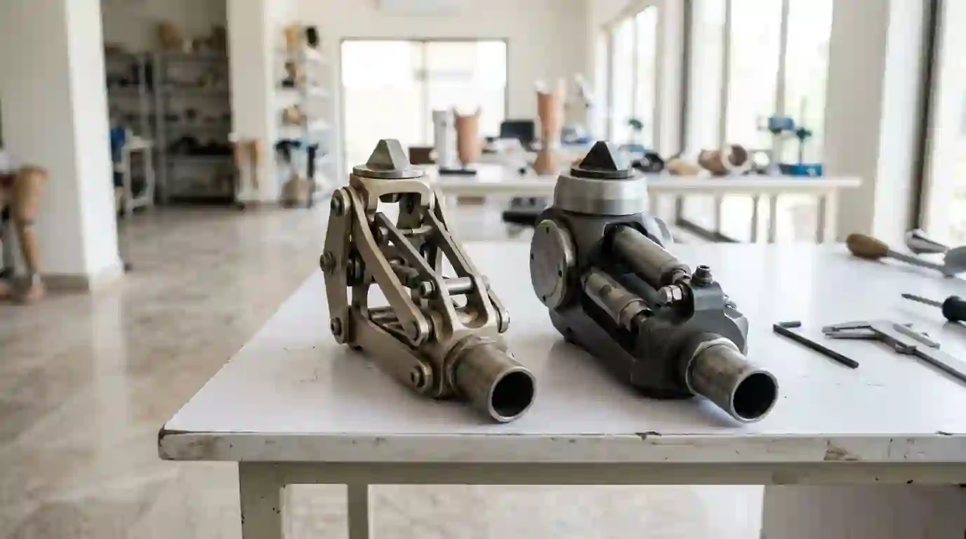 A polycentric knee and a hydraulic knee side by side