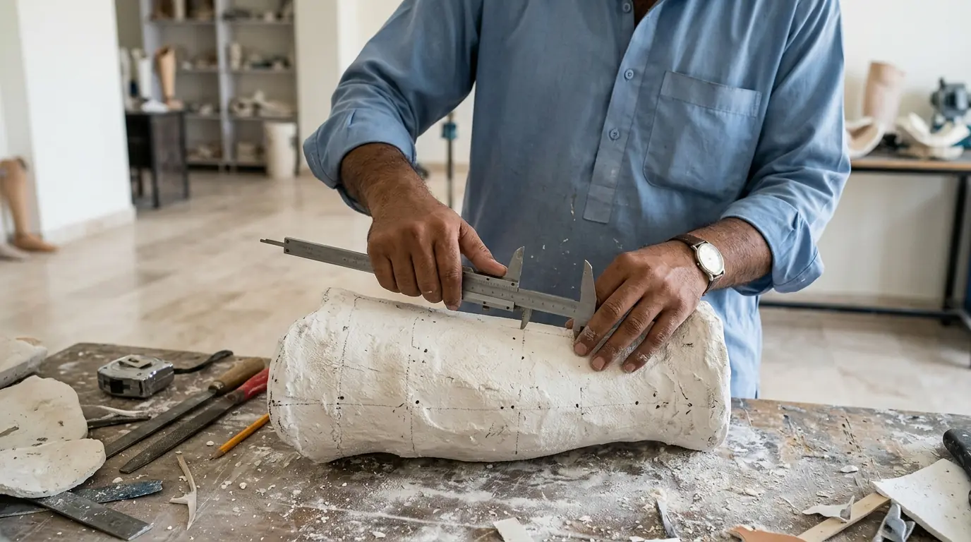 A prosthetist measuring a plaster cast with calipers