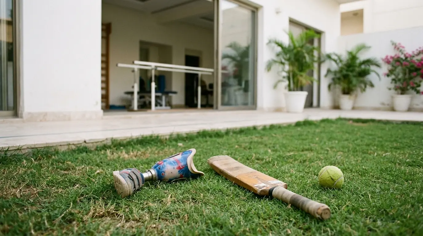 A child-sized leg beside a cricket bat and ball