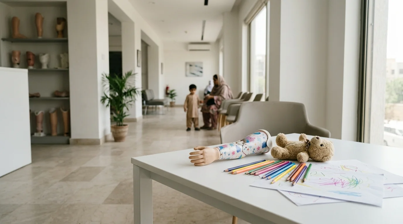 A child-sized arm beside a soft toy and pencils