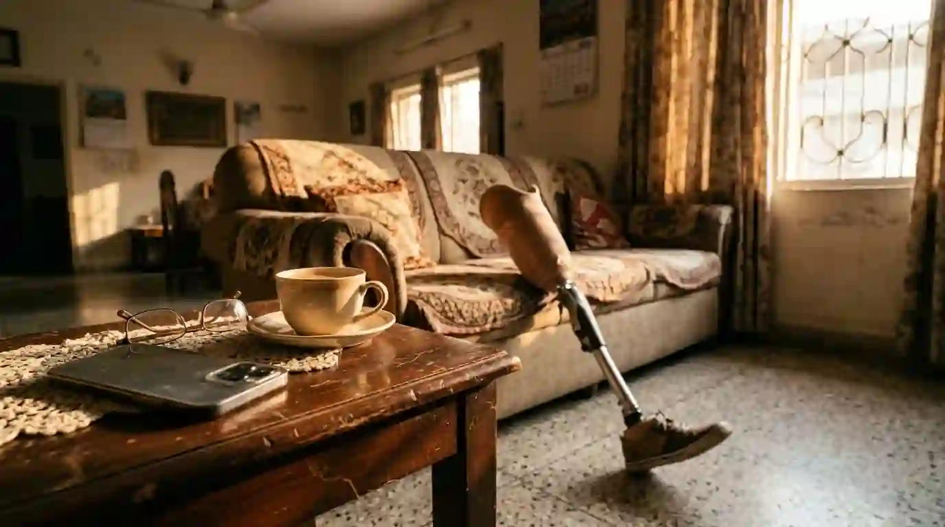 A phone and a cup of tea on a side table, with an artificial leg resting against the sofa
