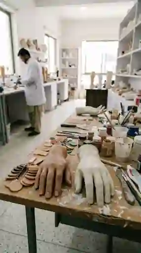 A custom silicone hand beside a plaster cast of a real hand