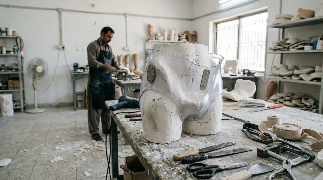A clear pelvic test socket on a plaster model