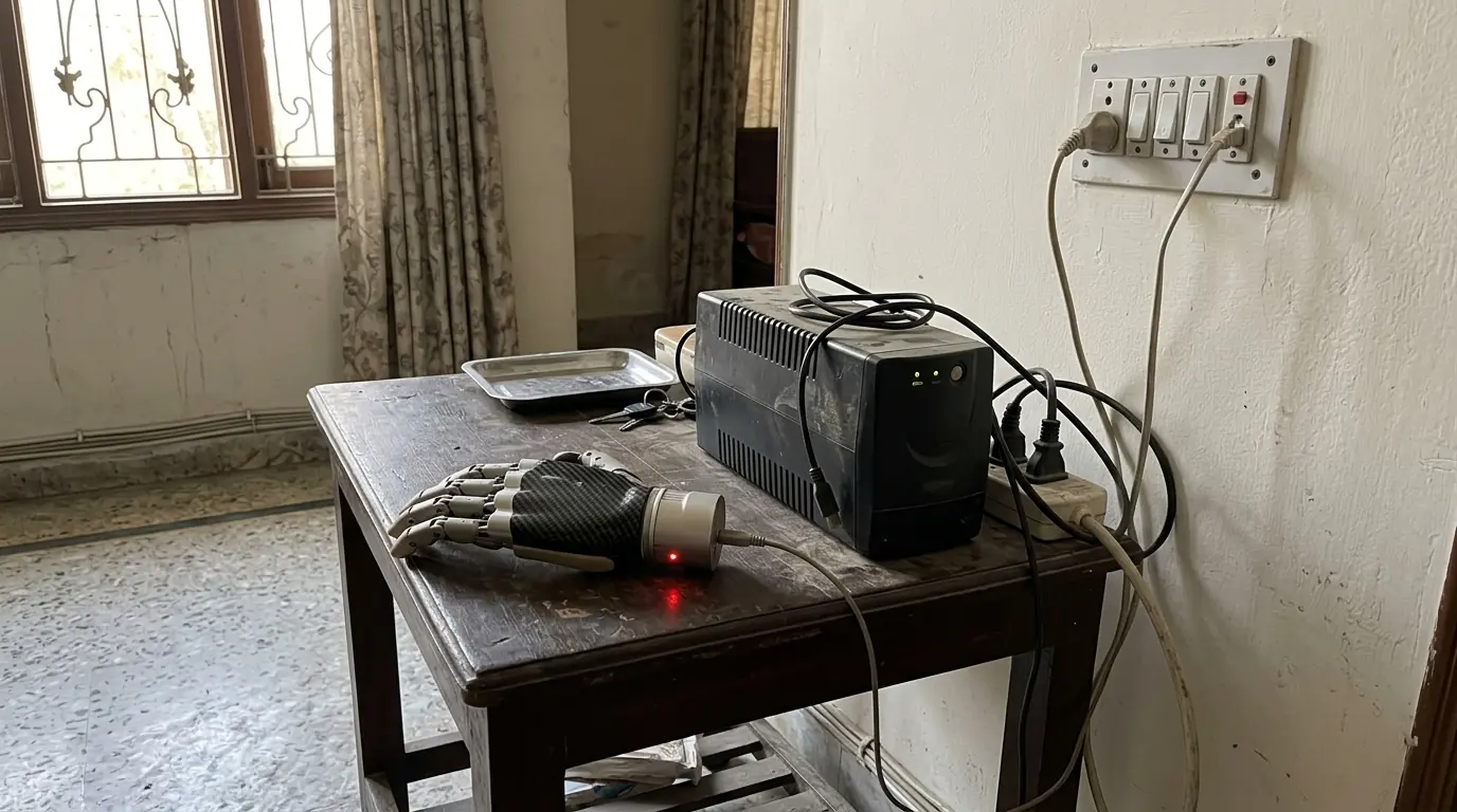A myoelectric hand charging beside a UPS