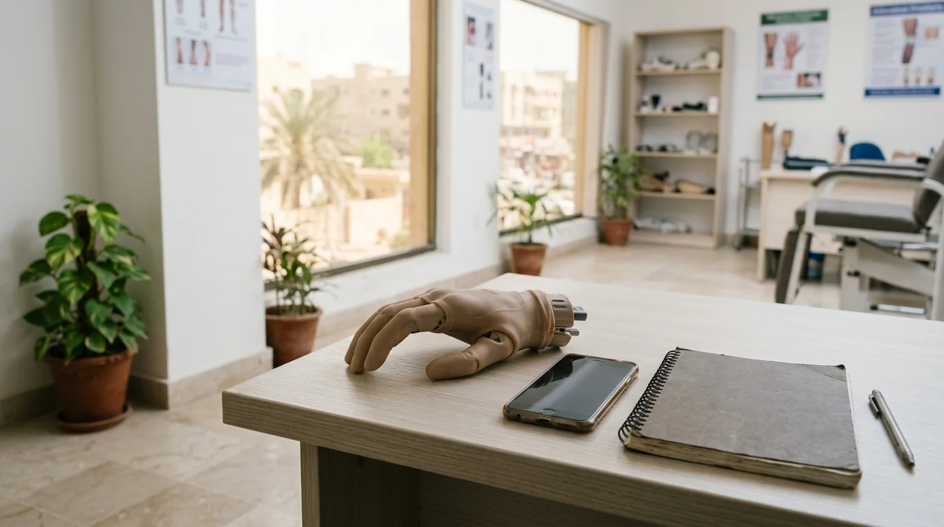 A gloved myoelectric hand on an office desk