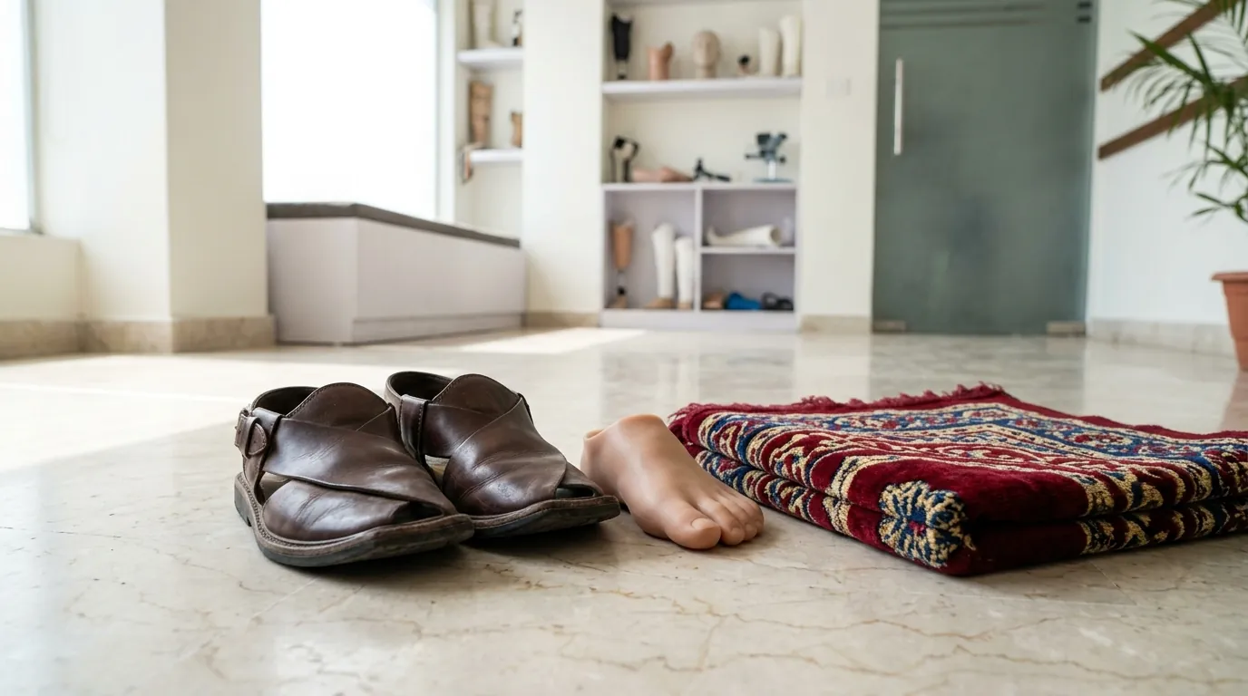 Chappals and a silicone toe prosthesis beside a prayer mat