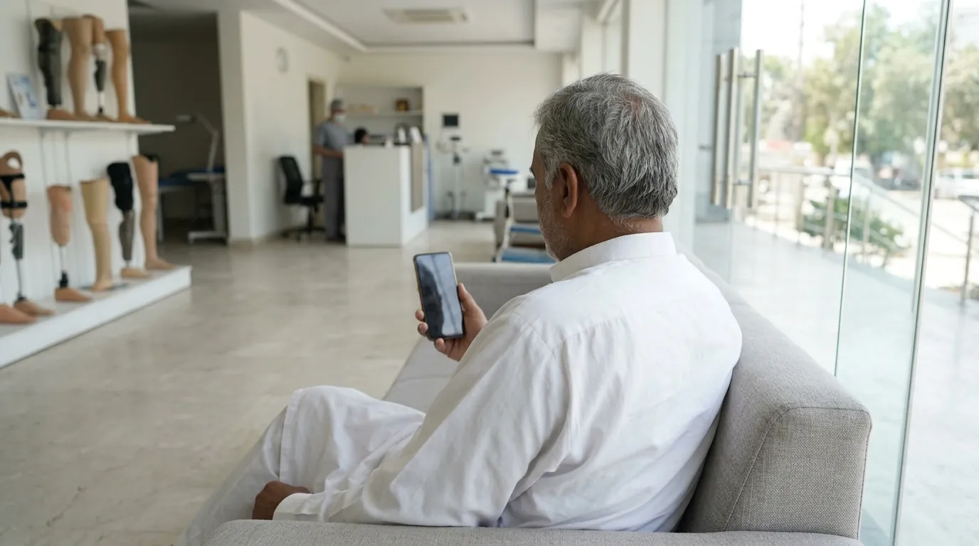 An older man on a video call at home, seen from behind