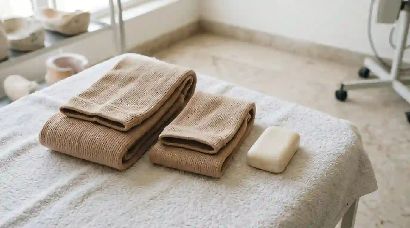 Two shrinker socks folded on a towel