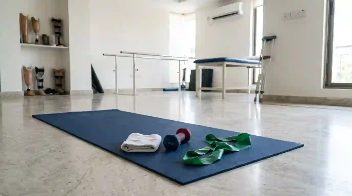 A resistance band and hand weight for shoulder exercises