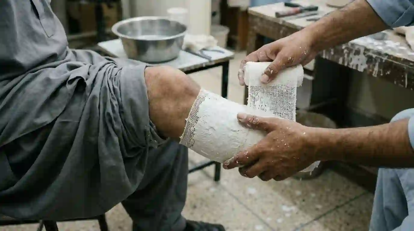 A prosthetist wrapping a plaster cast around a below knee stump