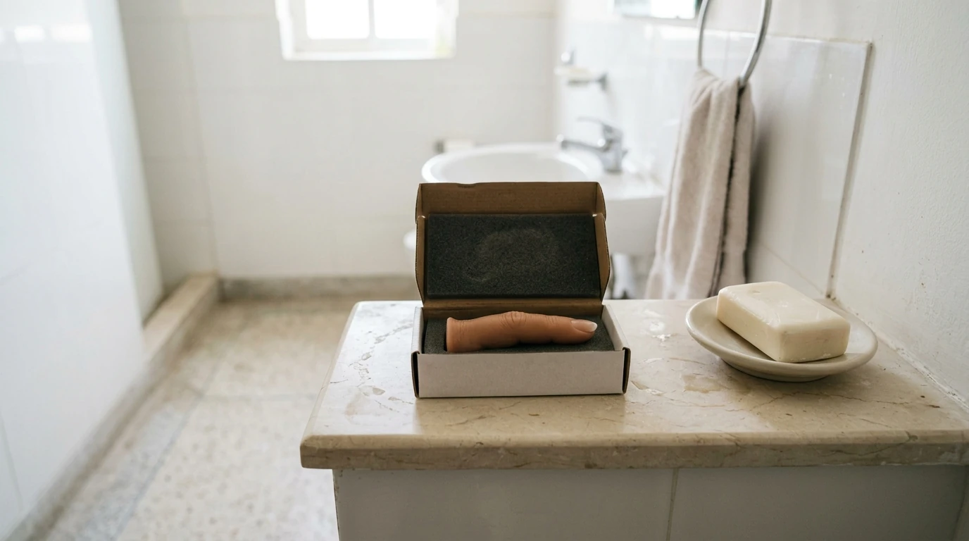 A silicone finger in a small case beside soap