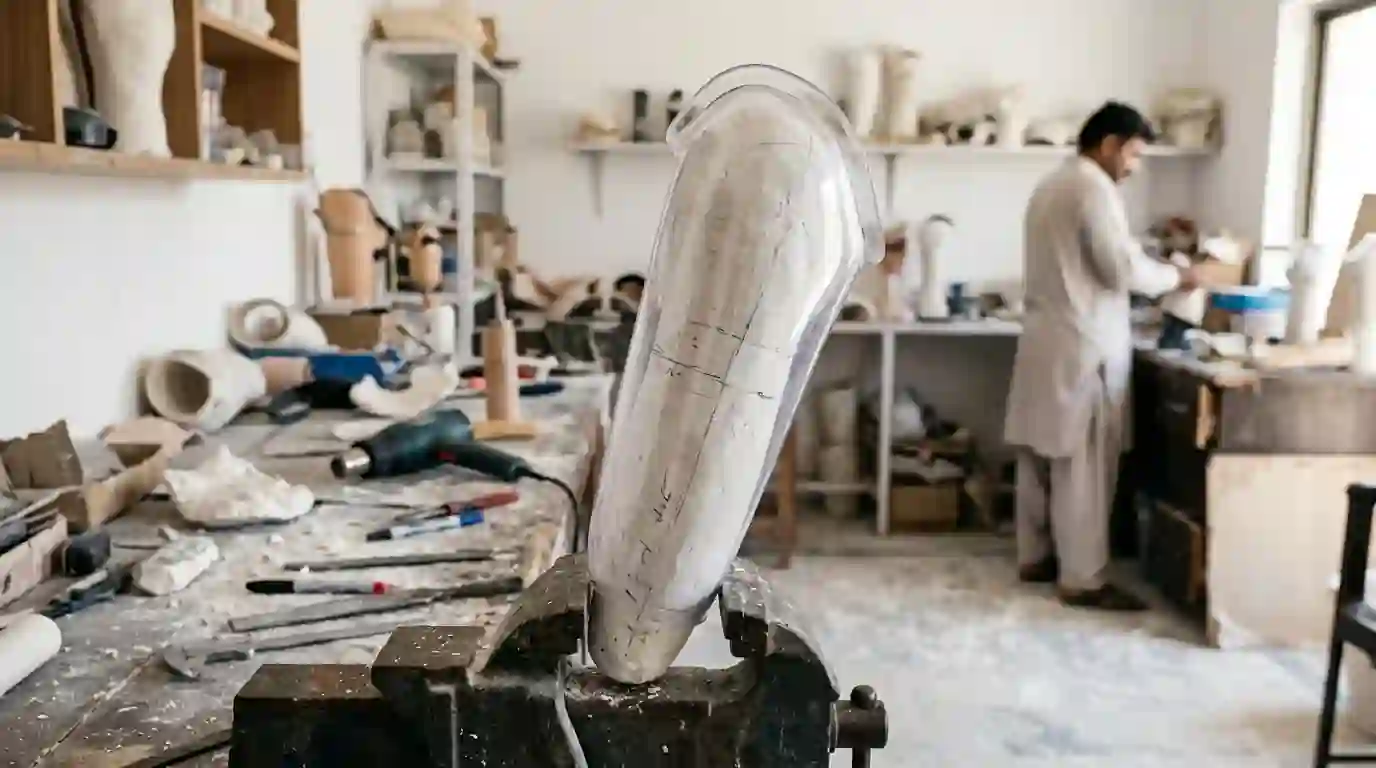 A clear above elbow test socket on a plaster model