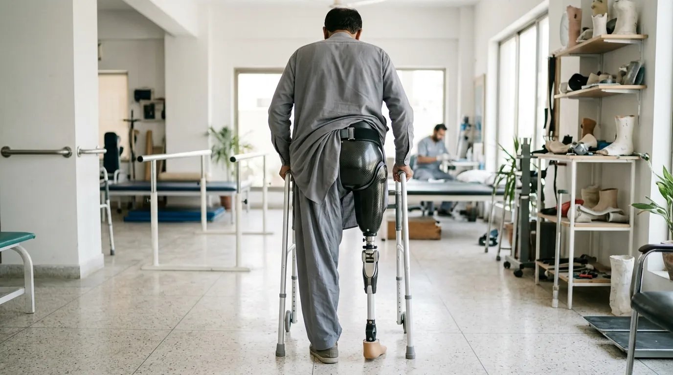Standing with a walking frame on a hip level leg