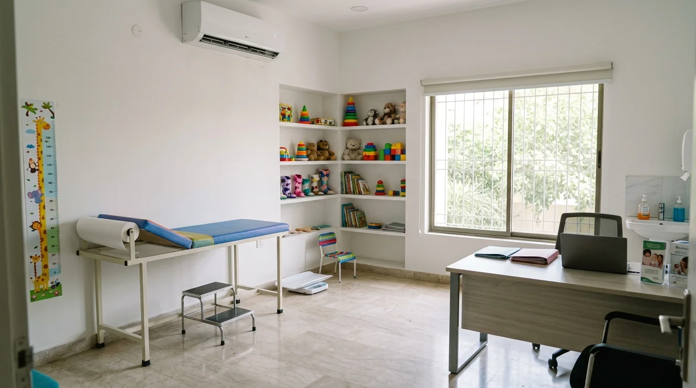 A paediatric clinic room with toys and a growth chart