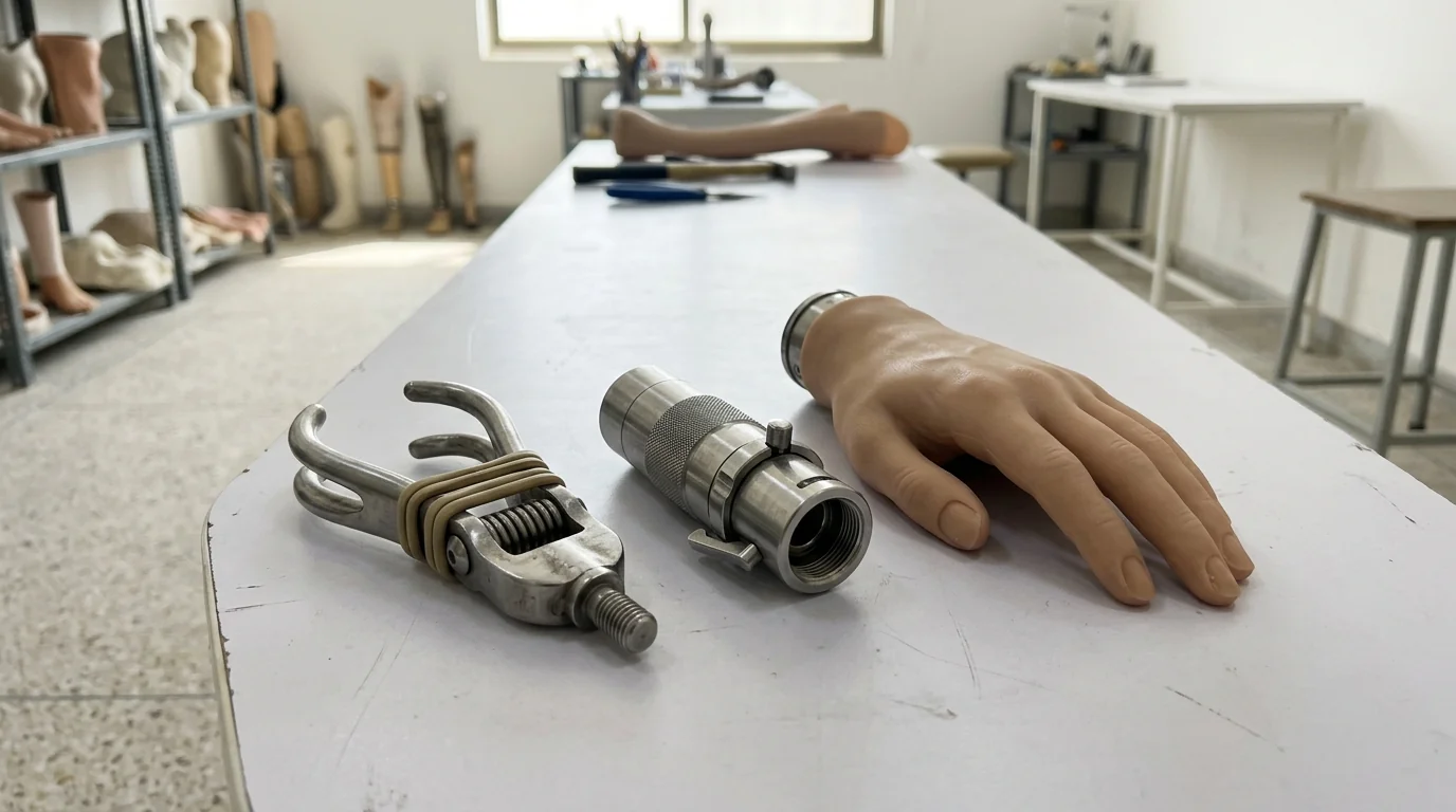 A split hook, wrist unit and passive hand side by side