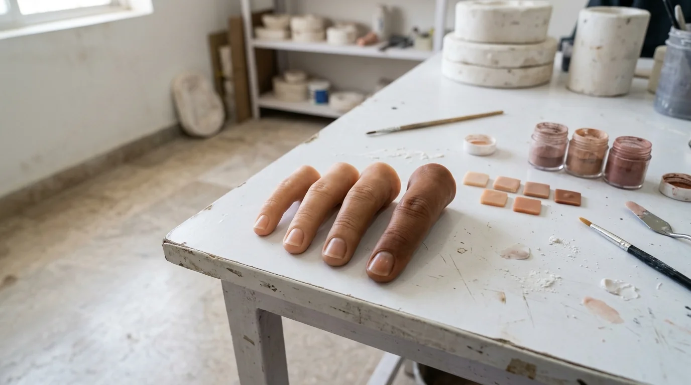 Silicone fingers of different sizes beside colour samples