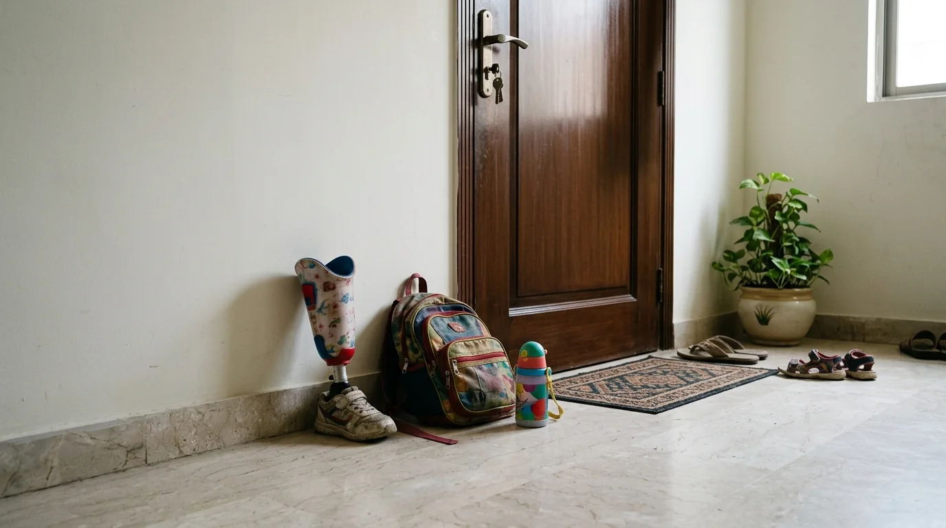 A school bag and a child-sized leg by the front door