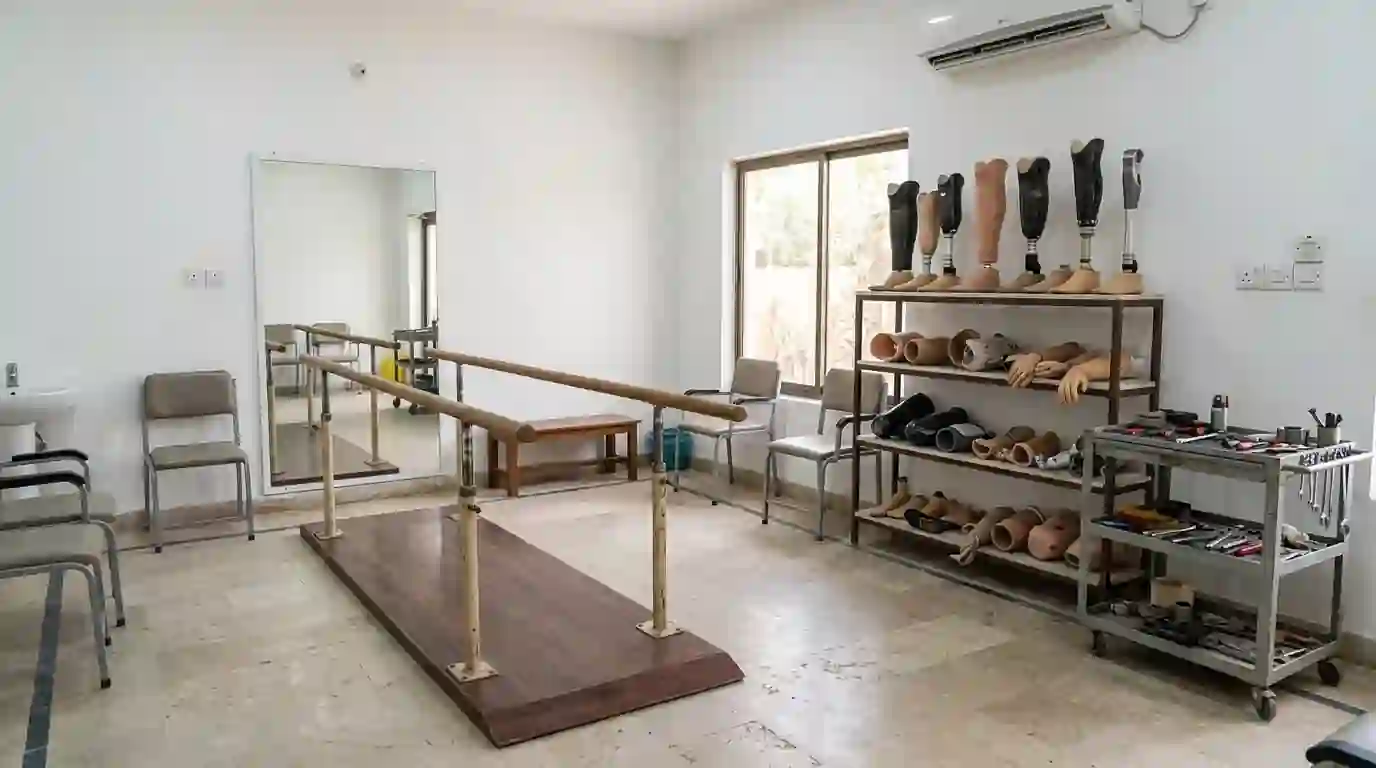 A fitting room with parallel bars and finished limbs
