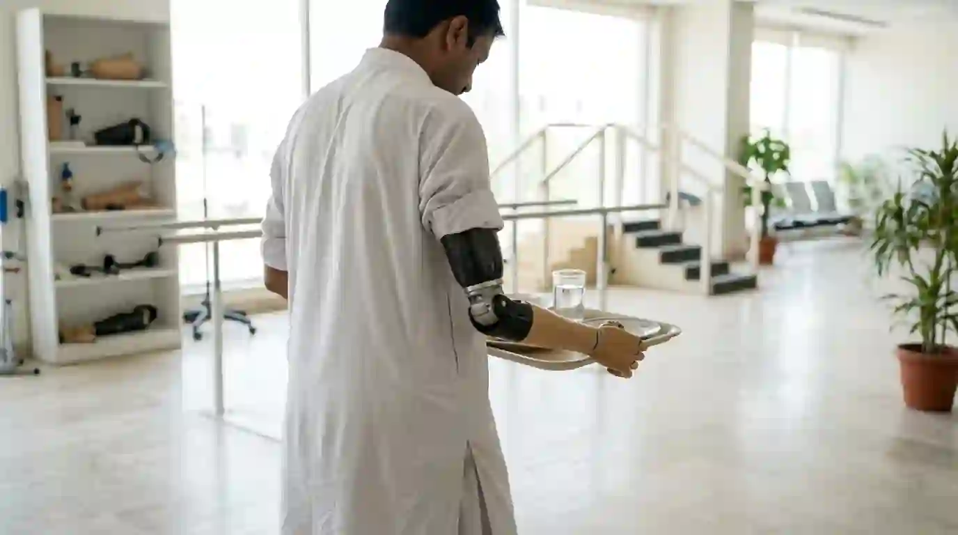 Carrying a tray with an above elbow arm