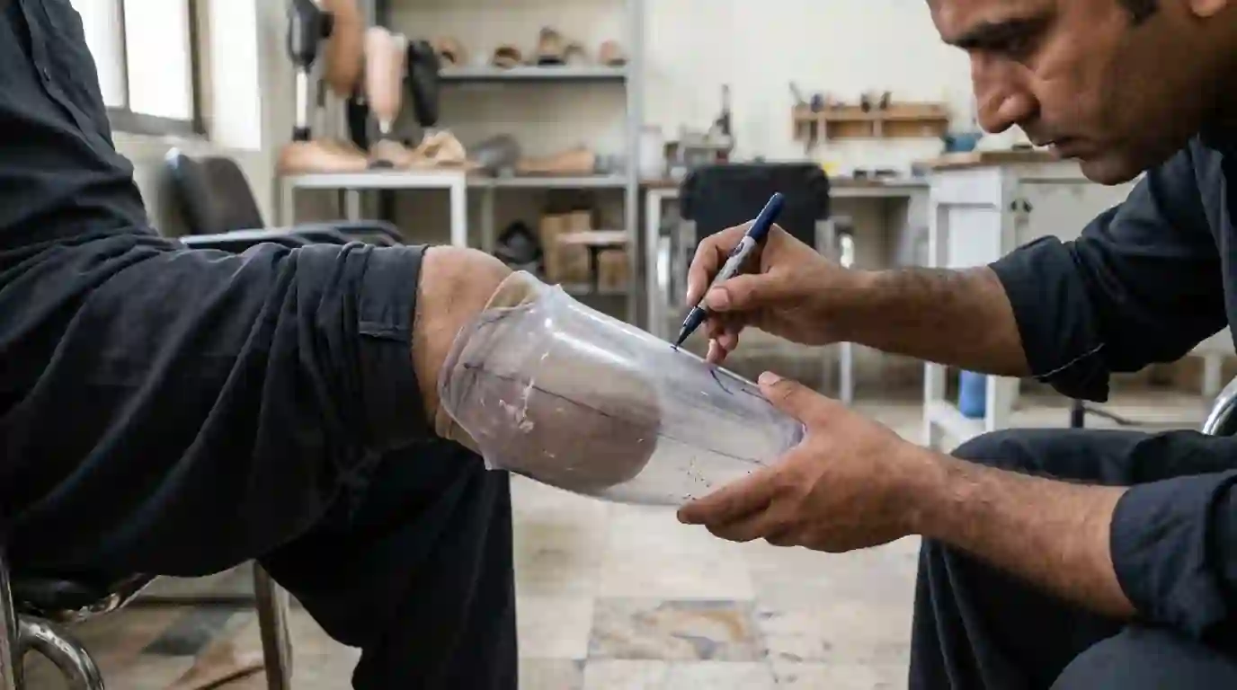 A clear test socket being marked during a fitting