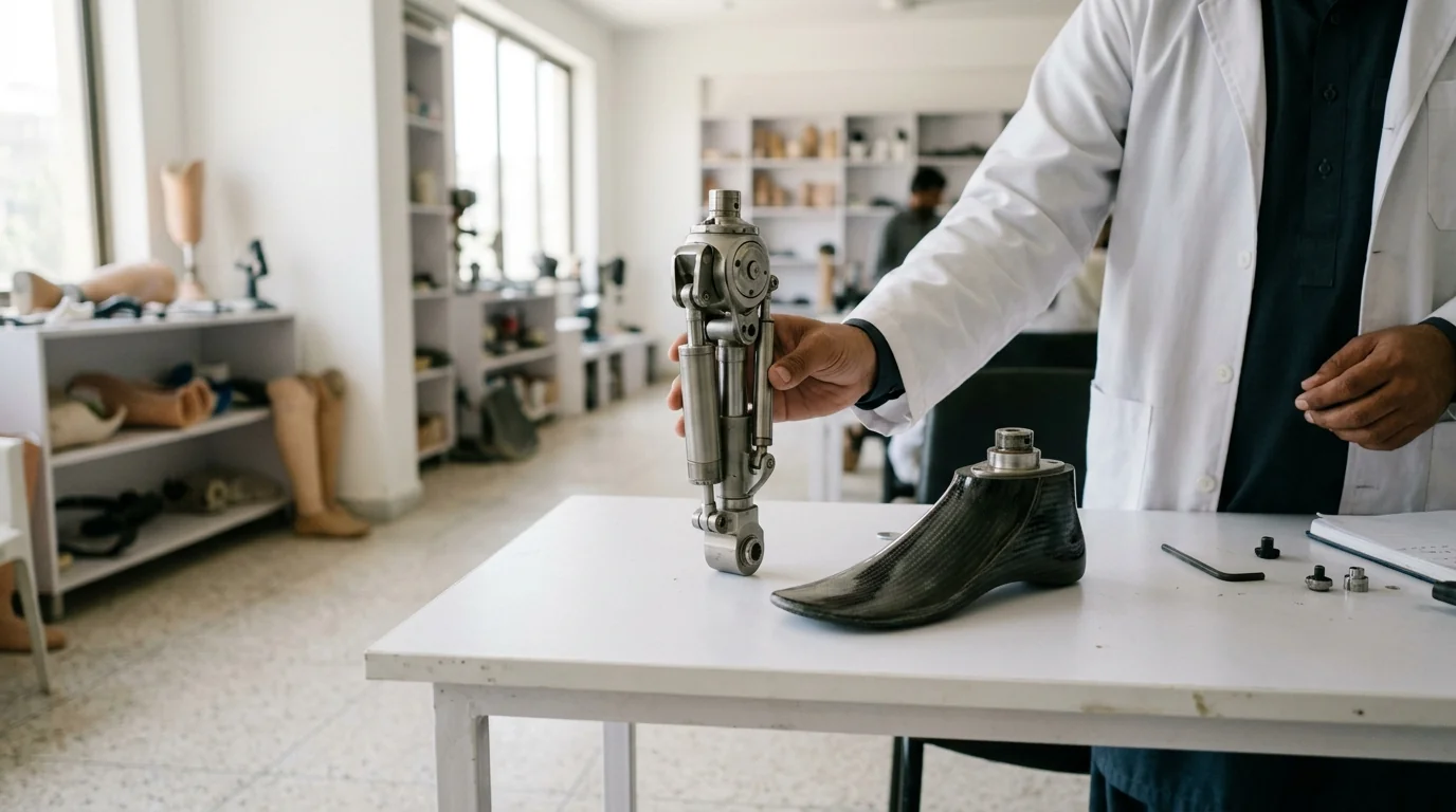 A hydraulic knee joint beside a carbon fibre foot