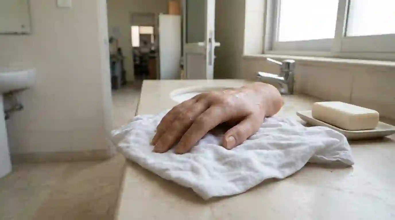 A silicone hand drying on a towel beside soap