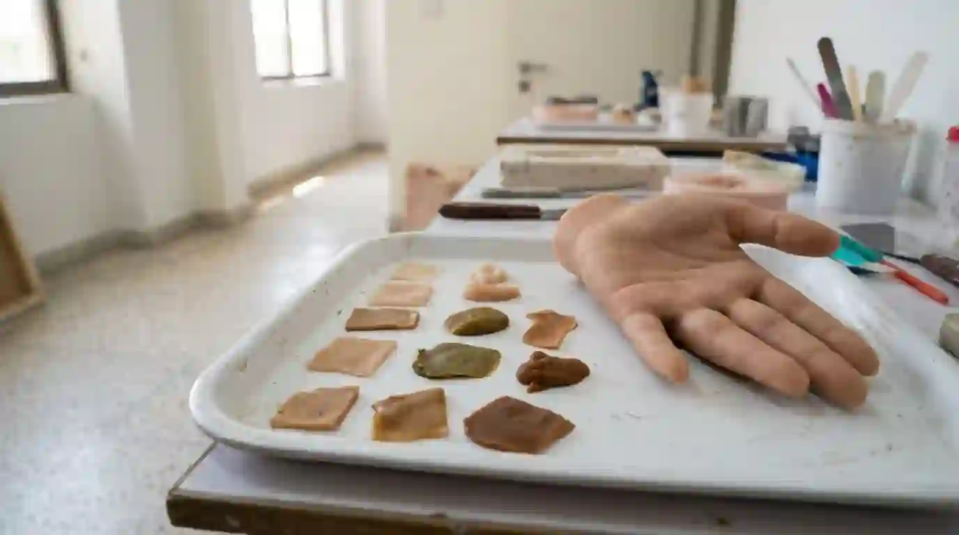 Silicone colour samples beside a silicone hand
