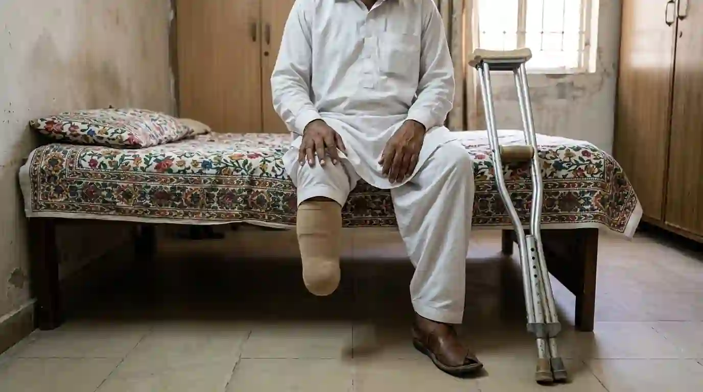A man sitting on his bed with a shrinker sock on his below knee stump