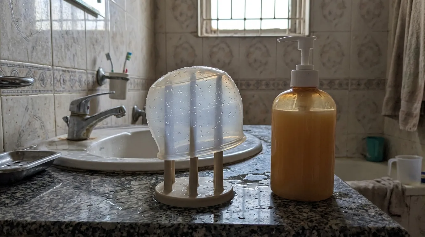 A silicone liner drying beside a mild cleanser